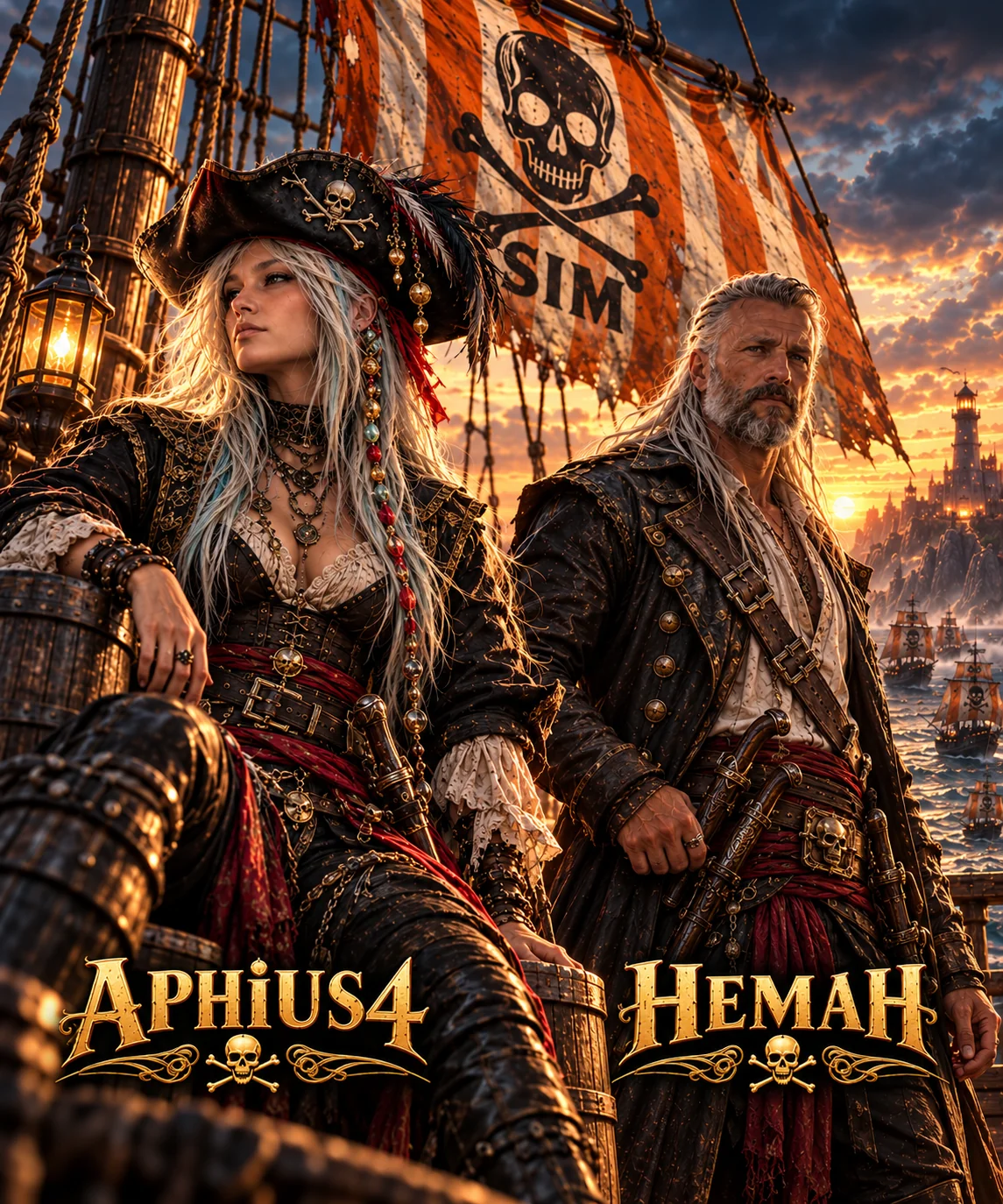 Pirate captains Aphius4 and Hemah beneath the orange-and-white SIM flag at sunset