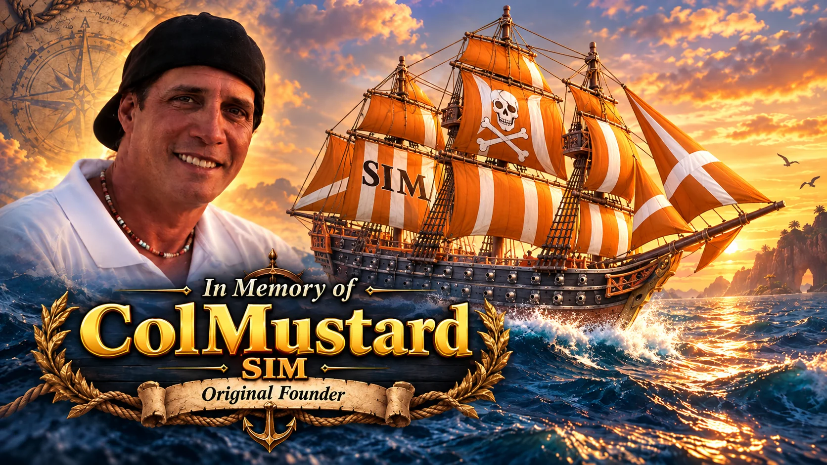 Memorial tribute to SIM founder ColMustard, pictured beside an orange-and-white SIM ship sailing at sunset